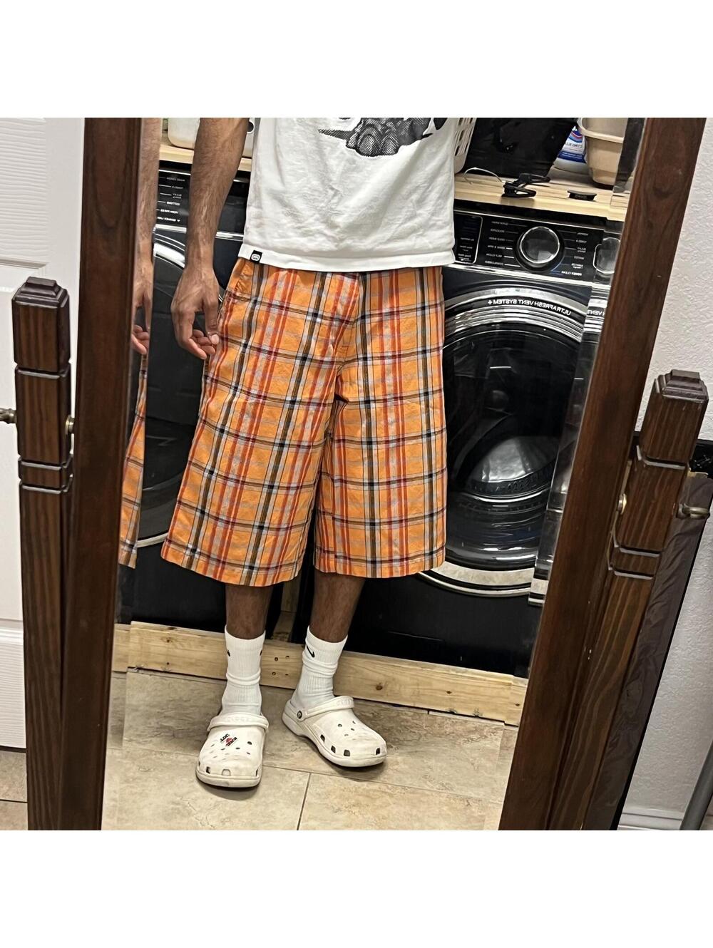 Super Baggy Wide Leg GRANDEUR Orange Multi Color Plaid Shorts Sz. 34 Y2K Vintage